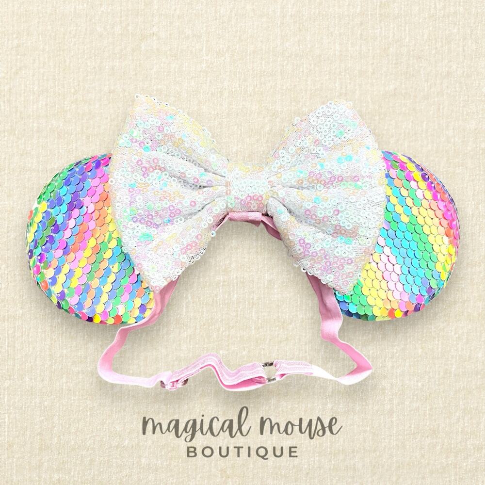 Elastic Rainbow Sequin Minnie Ears | Disney-Inspired Mouse Ears
